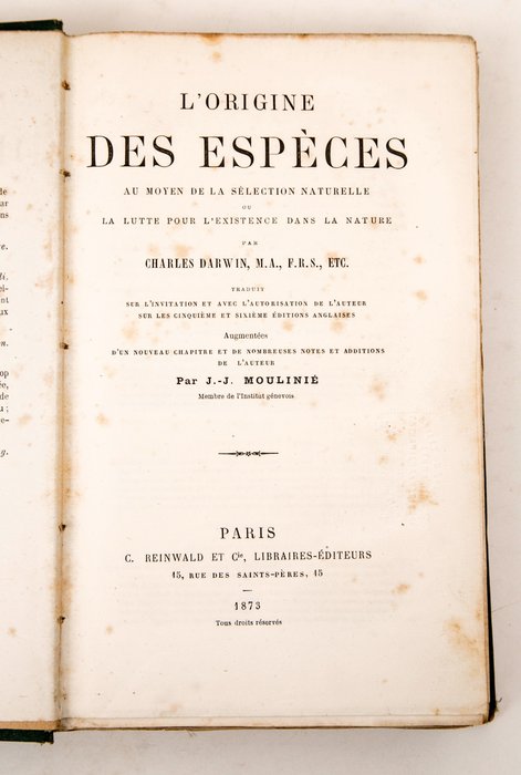 Charles Darwin - L'Origine des Espèces - 1873