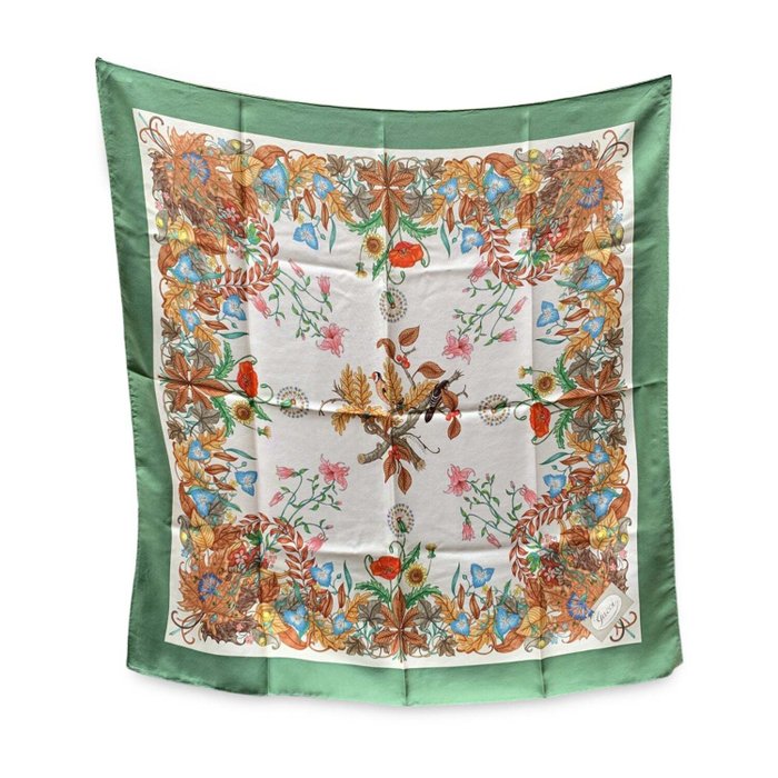 Gucci - Vintage Green Accornero Fall Themed Birds Floral Silk Scarf - Scarf