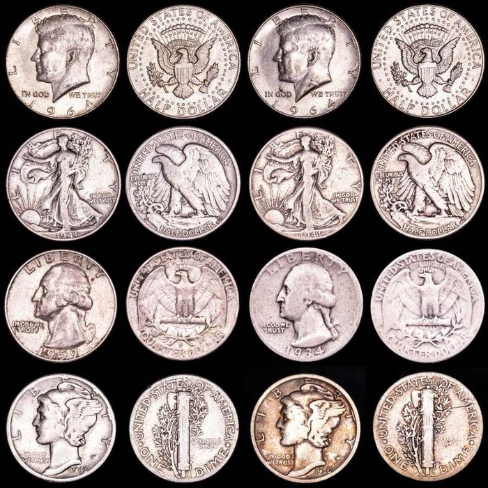 美國. An assortment of 16x USA silver dimes, quarters and halves 1930-1964