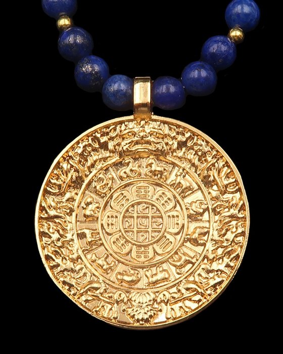 Lapislazuli - Buddhistische Schutzkette – Melong – Schutz vor dem Bösen und Dämonen – Verschluss aus 14-karätigem - Halskette