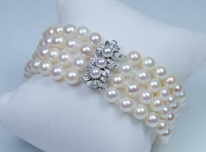 Sem preço de reserva - Ø 6.5-7 mm Akoya pearls - 4-reihig - Bracelete - 835 prata 