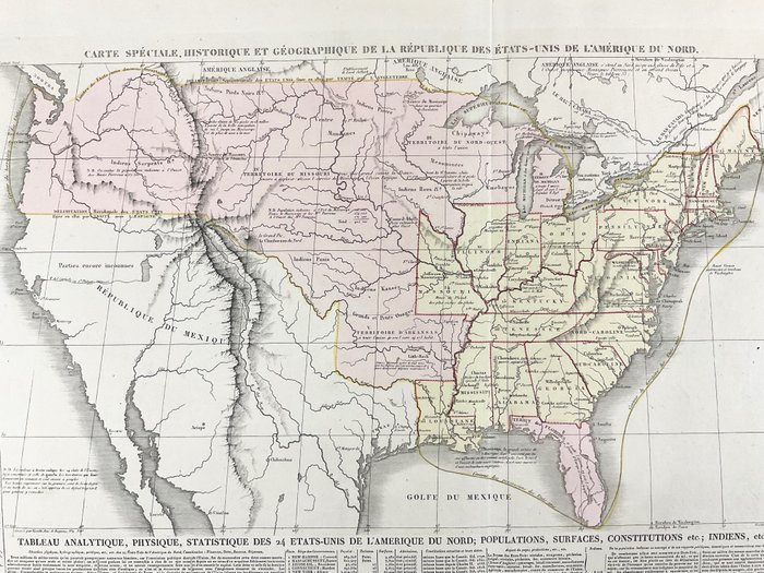 America, Hartă - SUA / Florida / Texas / Louisiana / Missouri / Virginia / New York; Jules Renouard - Carte spéciale, historique et géographique de la république des États-unis de l'Amérique du Nord - 1821-1850