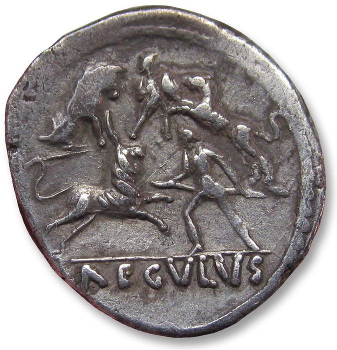 Rooman tasavalta (auktoritatiivinen). L. Livineius Regulus, 42 eaa.. Denarius Rome mint - gladiators versus animals scene - scarce