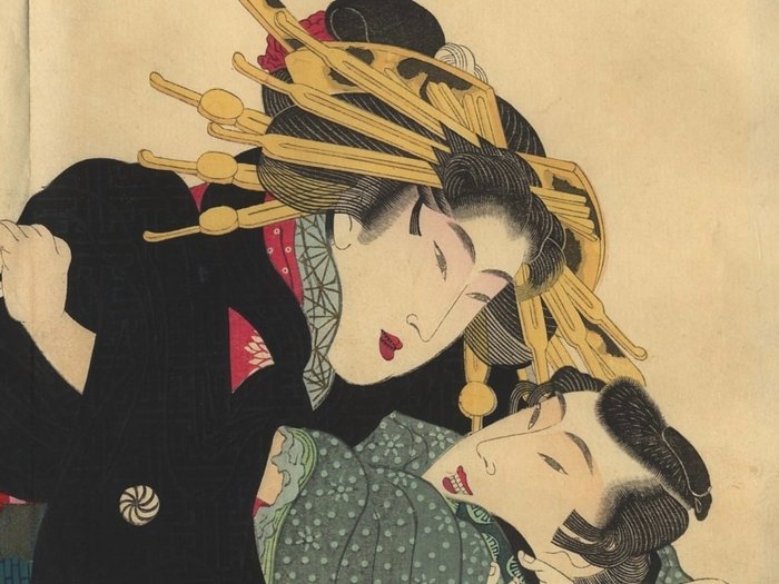 Estampe érotique shunga - ca 1900 (Late Meiji) - Ikeda Terukata (1883-1921) d'après Hokusai - Japão