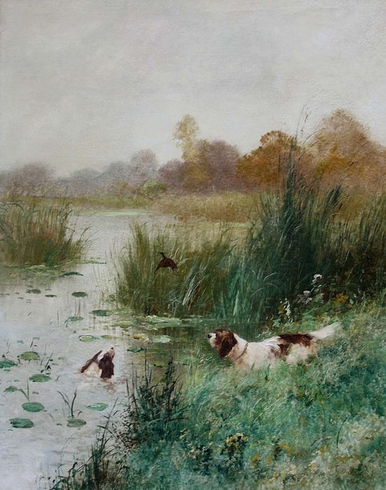 Emile Godchaux (1860-1938) - Hunting dogs chasing the ducks