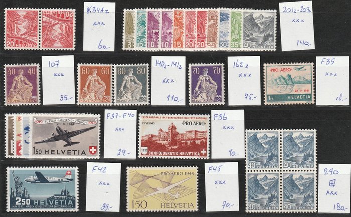 Schweiz 1909/1949 - Auswahl, bei der Luftpost auf einer Einsteckkarte verschickt wird