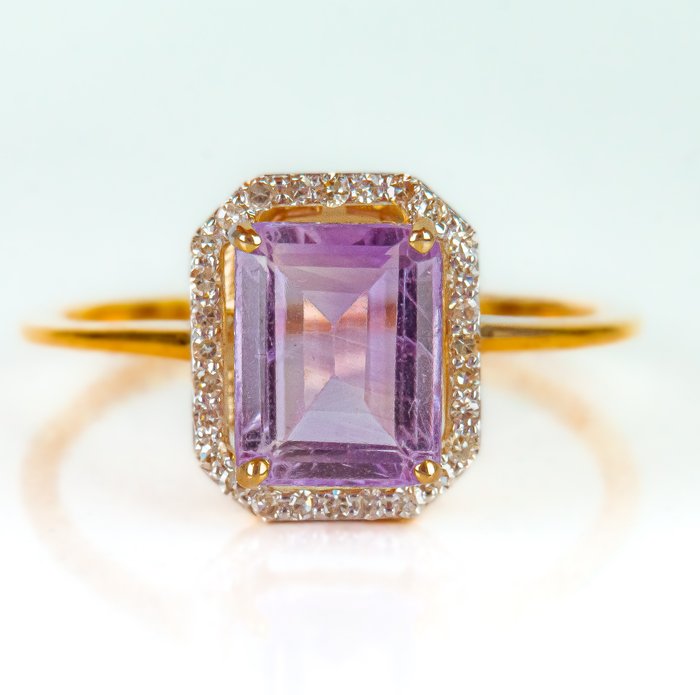 戒指 - 14 克拉 黃金 -  2.65 tw. 祖母綠形 紫水晶 - 鉆石 