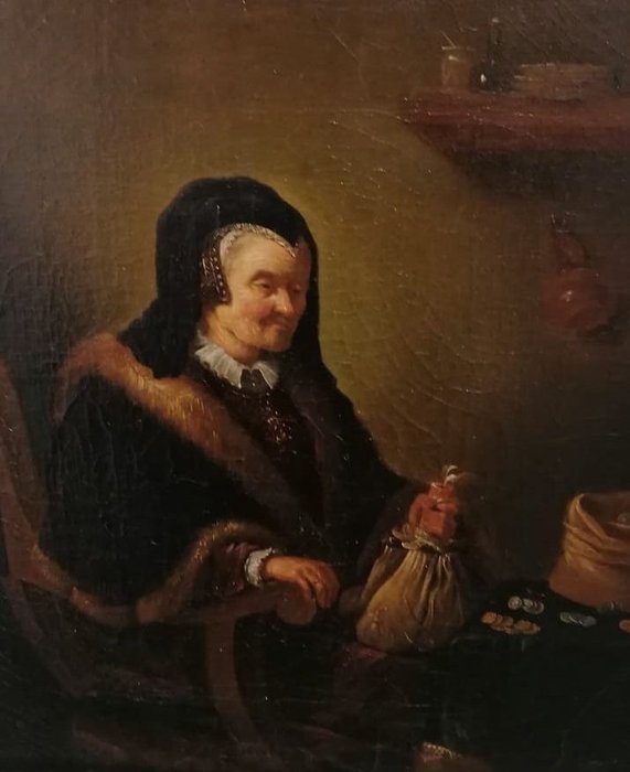 Rembrandt van Rijn (1606-1669), Suiveur de - Une vieille femme avec une bourse et des pièces de monnaie à une table