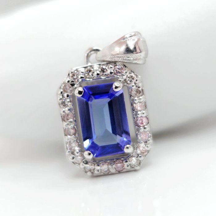 *no reserve* 0.60 ct Blue Tanzanite & 0.15 ct N.Fancy Pink Diamond Pendant - 1.16 gr - 14 K Ouro branco - Pendente - 0.60 ct Tanzanita - Diamante