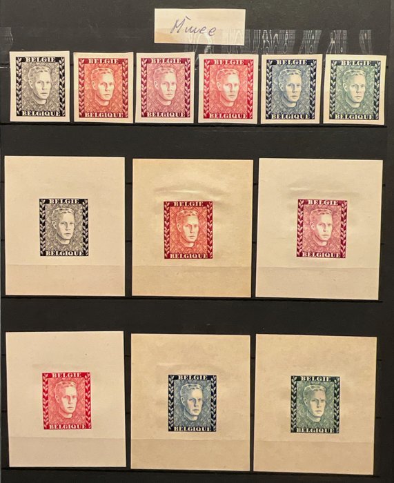 België 1947 – Proeven regent Karel – Volledige reeks in 6 kleuren – Zegels en Velletjes in Beide papiersoorten – E – Types A,B,C,D – Volledige set