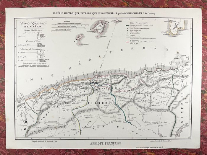 Africa, Mappa - Algeria / Tlemcen / Costantino / Titterie; Adrien Berbrugger - Carte générale de l'Algérie - 1821-1850