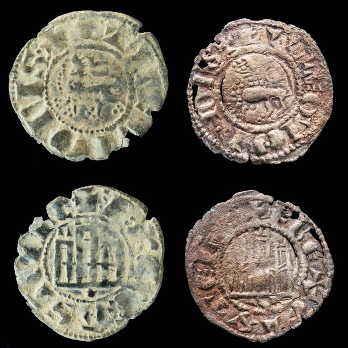 Kongeriket Castilla. Fernando IV (1295-1312). Pepión Ceca Coruña (BAU 452)+Sevilla (BAU 456), Lote 2 Monedas  (Ingen reservasjonspris)