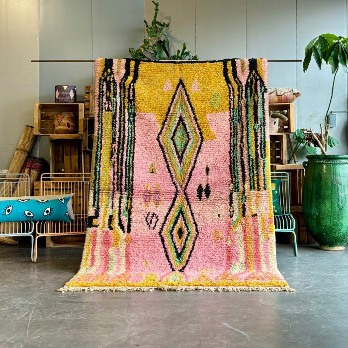 Contemporary Pink Moroccan Berber Boujad Rug - Kelim - 260 cm - 160 cm - pink rug