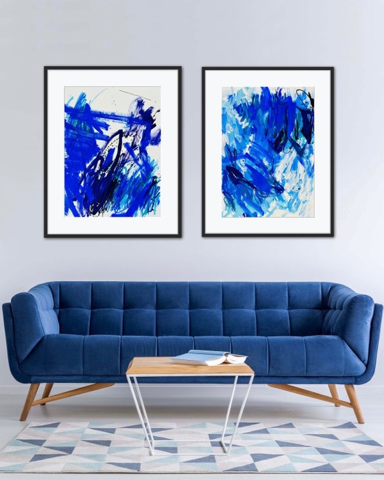 Cristine Balarine - Open sea swimming (can’t wait for summer) Diptych _ original abstract paintings on fine art paper