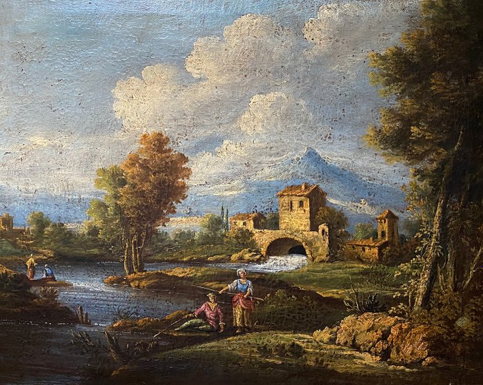 Giuseppe Zais (1709-1784), scuola di - Paesaggio con corso d'acqua, un borgo pedemontano, alberi e figure