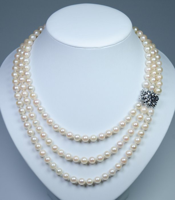Ohne Mindestpreis - Ø 7-7.5 mm Akoya-Perlen - 0.35 ct Saphire - dreireihig - Halskette - Silber 