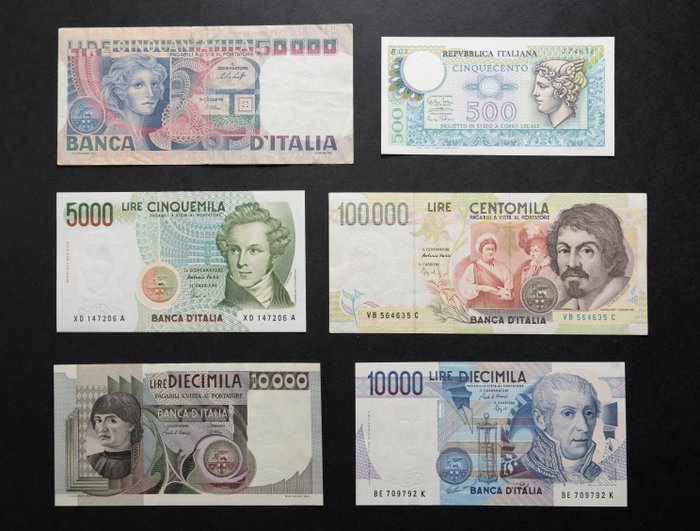 Italien. - 6 banconote Lire - altissima conservazione inclusa sostitutiva XD...A  (Utan reservationspris)