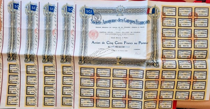Obligasjoner eller aksjesamling - Frankrike - Lott: 5 X S. A. des Cargos Francais Action på 500 FR 1920 - Kuponger - parti med 5