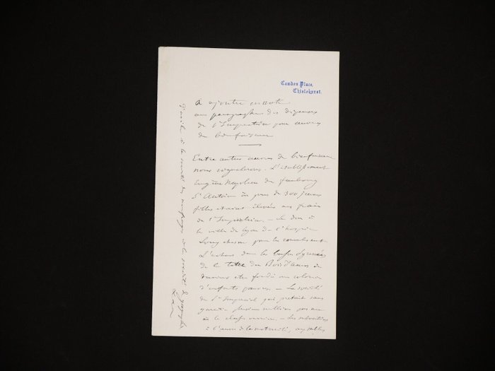 Napoléon III - Note autographe [Les œuvres de bienfaisance de l'Impératrice] - 1870