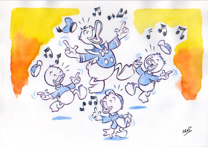 XAVI (Xavier Vives Mateu) - 1 aquarel, potloodtekening - Donald Duck - Family Duck, a fun dancing time - 2024