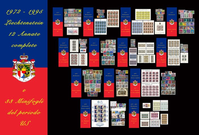 Liechtenstein 1972/1995 - Complete collection of 12 vintages and 33 US minisheets of the period - Unificato dal N 499 al N 777 e dal N 536 al N 1056