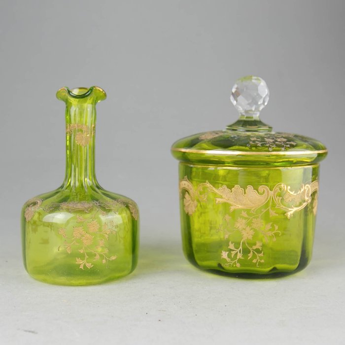 French - Vase -  Art Nouveau vase og boks med emaljedekor, ca. 1910  - Emalje, Krystall