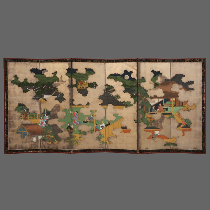 Byôbu 屏風 (paravent) - Feuille d'argent, Bois laqué, Soie - Japon - Début de la période Meiji (seconde moitié du XIXe siècle)