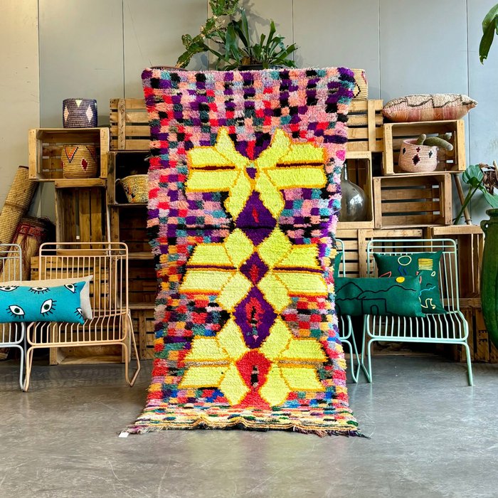 傳統摩洛哥螢光手工柏柏爾 Boucherouite 棉地毯 - 花毯 - 215 cm - 100 cm