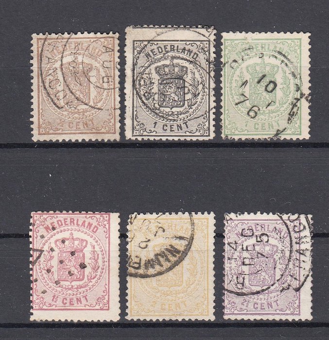 Niederlande 1869/1871 - Wappenserie mit Franco-Zweig-Stempeln - NVPH 13/18