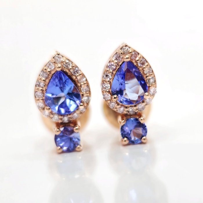 沒有保留價 - 1.20 ct Blue Tanzanite & 0.24 ct N.Fancy Pink Diamond Earrings - 2.03 gr - 耳環 玫瑰金 坦桑石 