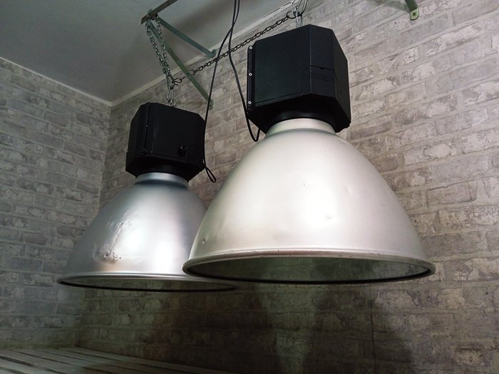 Riippuva lamppu (2) - Vintage tehdaslamppu - Alumiini, Lasi, Seos, Teräs