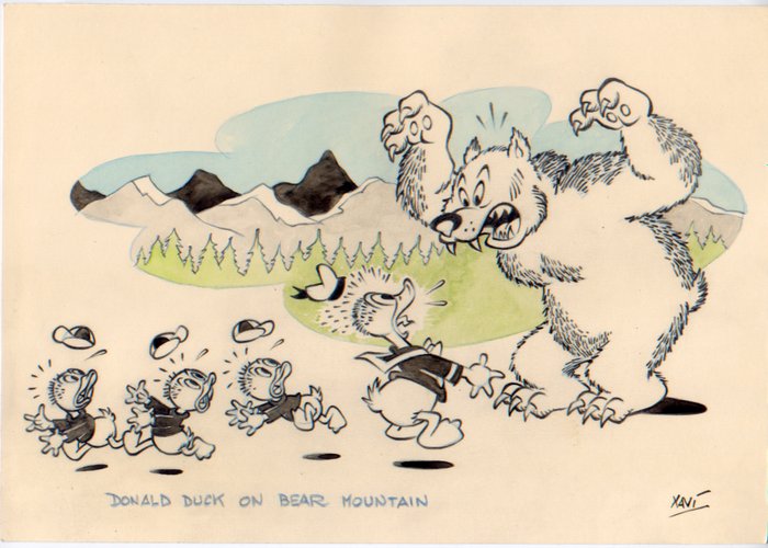 XAVI (Xavier Vives Mateu) - 1 akvarell, blyertsteckning - Donald Duck - Donald Duck on bear mountain - 2024