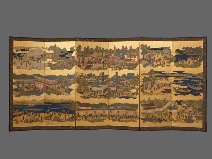 Byōbu vikbar skärm - Bladguld, Lackat trä, Siden - Tosa School - Japan - Sen Edo-period (första halvan av 1800-talet)