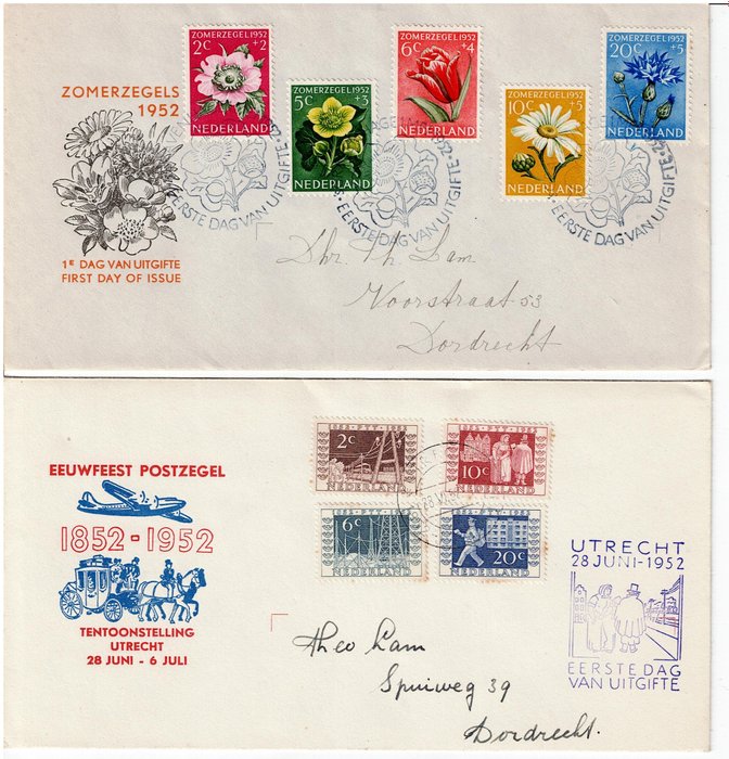 Niederlande 1952 - Sommerserie und Hundertjahrfeier-Briefmarken auf Ersttagsumschlag mit offener Klappe - E9+E10 (NVPH 2024)