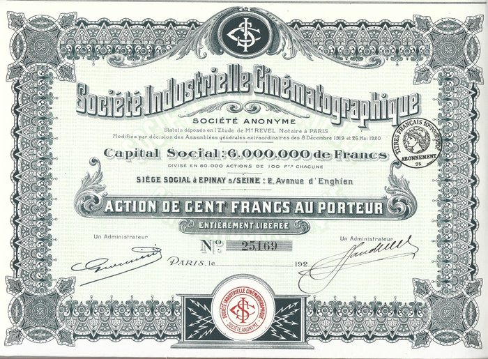 Colección de bonos y acciones - Francia - Cine - Société Industrielle Cinematographic - Todos sus cupones 32/32