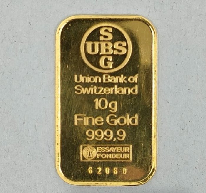 Sveitsi. 10 gram goudbaar UBS Union Bank of Switzerland