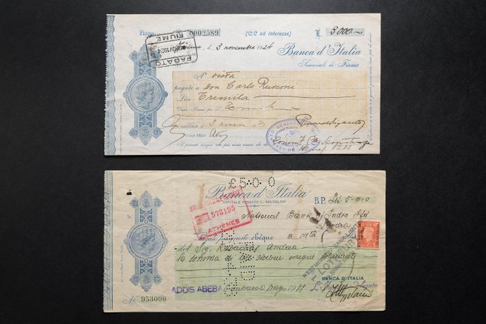Italien. - 2 Assegni Banca d'Italia Lire 1924/1938 Fiume e Addis Abeba - Gigante BI 9A, 21B  (Utan reservationspris)
