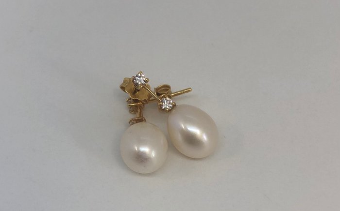 Drop fülbevaló Sárga arany 18K - FreshWater Drop Pearls -  0.21 tw. Gyémánt  (Természetes) 