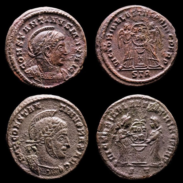 罗马帝国. 君士坦丁一世 （公元306-337）. Lot comprising two (2) coins, helmeted follis Mint in Trier & Ticinium. VICTORIAE LAETAE PRINC PERP, two Victories