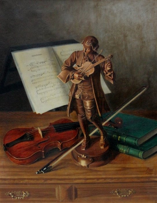 Louis Prost (1876-1955) - Still life with bronze sculpture of Mozart, sheet music, violin and bow