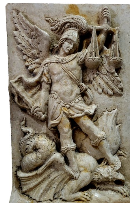 Relieve, Sant Michele Arcangelo ed il Drago con bilancia - 87.5 cm - Mármol de Botticino