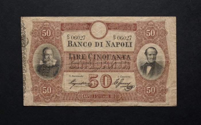 Italia, Napolin pankki - 50 Lire 06/09/1881 Galilei - Gigante BN 4A