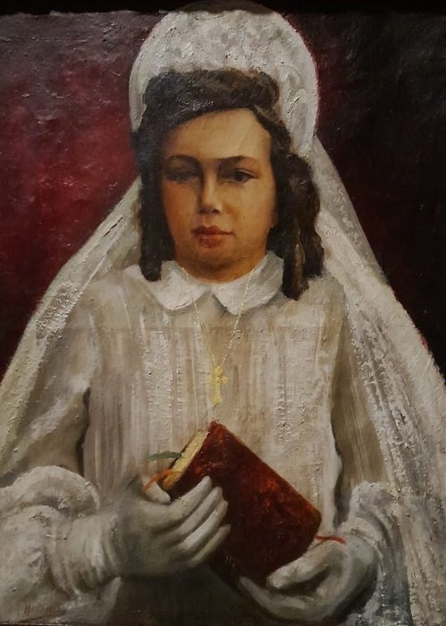 Hollandse school (XX) - Katholieke dame in bruidsjurk met bijbel