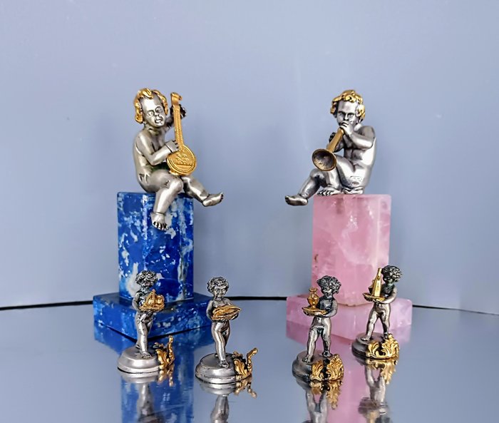 Set of 6 table setting Putti - Tafelmiddenstuk  - .800 zilver, Lapis lazuli en Roze Kwarts