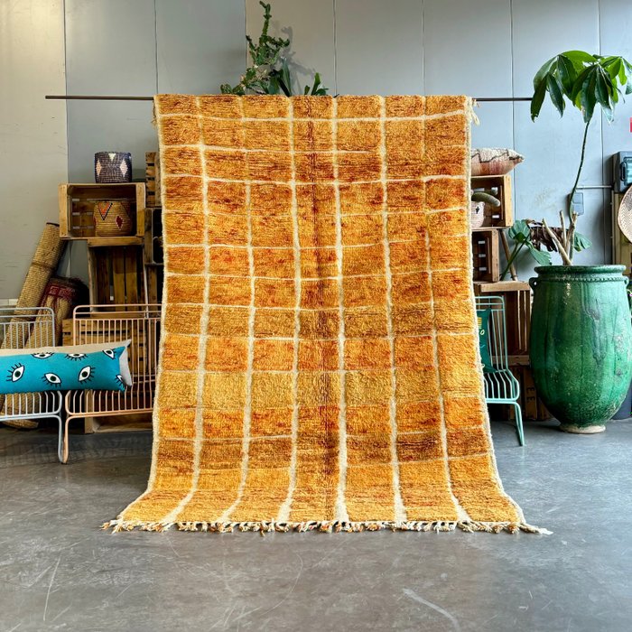 现代橙色摩洛哥 Beni Ouarain 地区羊毛地毯 - 凯利姆平织地毯 - 260 cm - 155 cm