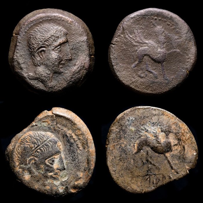 Ibero-Romano. Lot comprising two (2) coins, Asses from Castulo. (Linares, Jaén, Spain). minted around 180 - 150 B.C.