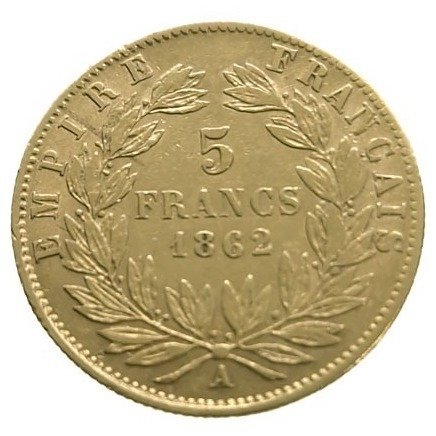 法國. 拿破崙三世 (1852-1870). 5 Francs 1862-A, Paris