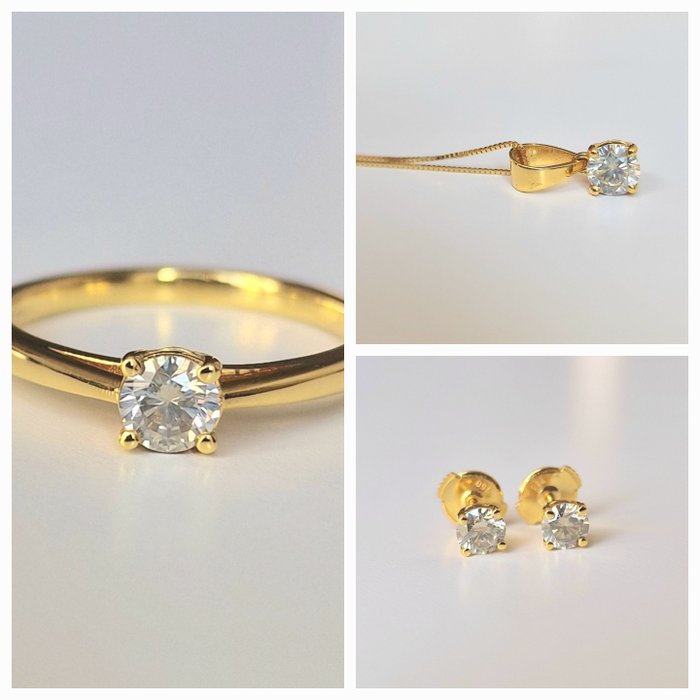 Ingen mindstepris - A set of 18 Kt gold Earrings - Ring - Halskæde med vedhæng - Gulguld -  1.59ct. Rund Diamant 