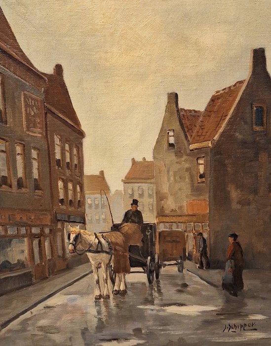 Jan Schipper ( 1899 - 1961 ) - Paardenkoets in straatje