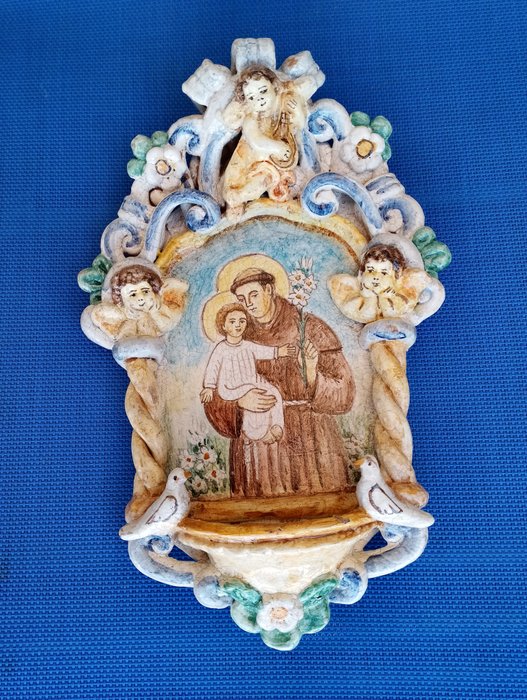 Weihwasserbecken (1) - acquasantiera in ceramica dipinta Sant Antonio di Padova anni 60 misure 28x19x7 cm. - 1960-1970 